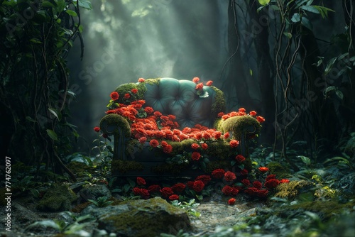 Abandoned sofa overtaken by roses in mystical forest