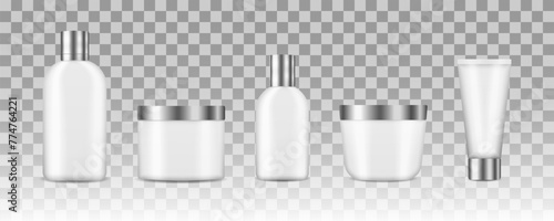 3d various blank container mock-ups, including jar, pump bottle, cream tube isolated on white background. Set of realistic mockup cosmetic white clean bottles. Realistic cosmetic package. 