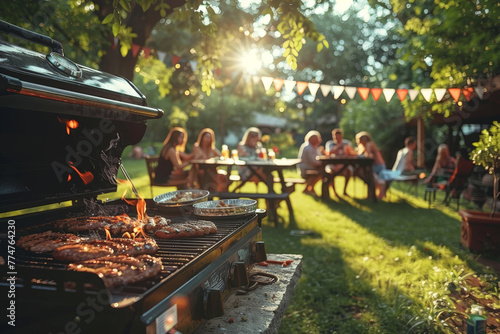 The sun casts a golden glow over a backyard barbecue, where friends and family unite around the grill, indulging in the joy of a shared summer meal.