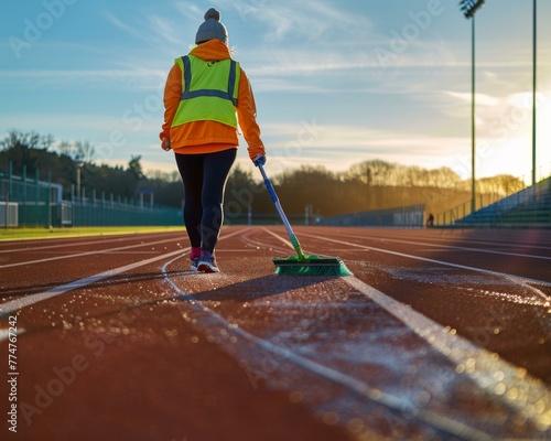 A person in a yellow vest sweeping the track at an athletic field. Generative AI.