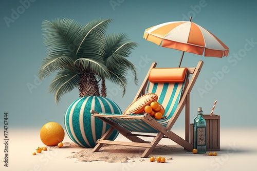 Beach chair under the palm tree with summer accessories.
