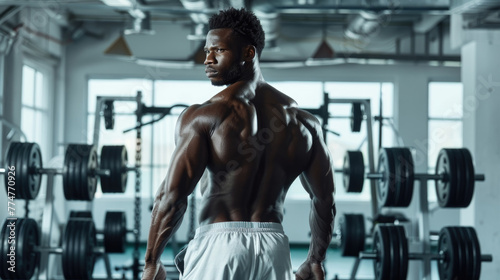 African American man standing in gym, holding barbell in his hands as he prepares for weightlifting exercises