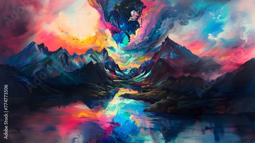 Abstract watercolor Mountain background Painting. Features a captivating abstract painting of mountain peaks with a rich tapestry of colors ranging from deep blues and purples to fiery reds and orange