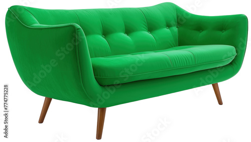midcentury modern green sofa. curved shape couch for playful and retro interior design of Modern living room, isolated transparent png cutout, tufted backrests wooden legs upholstery