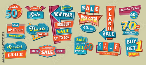 Retro design elements Artistic concept of promotional labels, badges, stickers, ads and bubble speeches Vintage collection of advertisements and coupons
