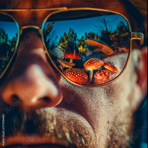 Drug addiction. Mushrooms in the reflection of glasses on a man’s face, poisonous mushrooms, hallucinogen. Drug addiction concept. Portrait
