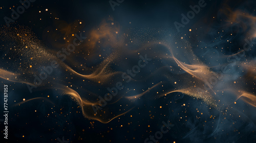 Beautiful dark space abstract background with wave shaped golden dust splash