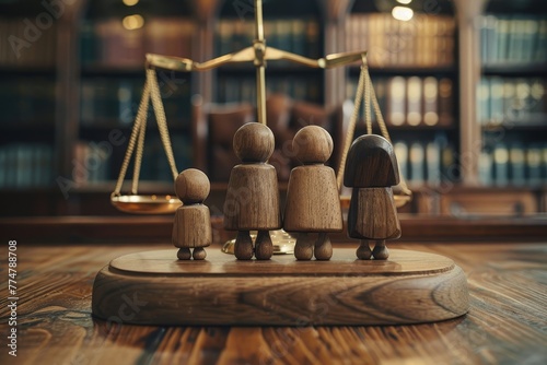 Gavel, sound block and little wooden figures of parents and children placed on desk in courthouse up close, judge and scales of justice in background, Generative AI 