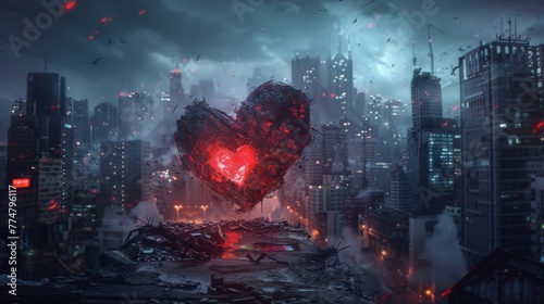 A heart shaped object in the middle of a city with red lights, AI