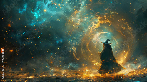 In a dramatic display RPG game of power, a sorcerer in a cloak summons a swirling vortex of cosmic energy in a mystical, fiery landscape.