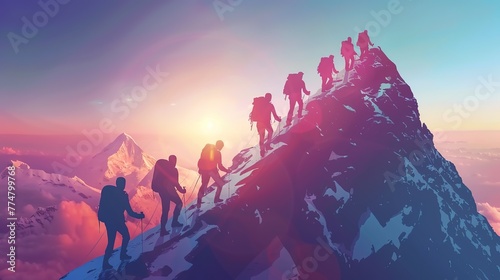 Group of people on peak mountain climbing helping team work , travel trekking success business concept