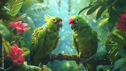 Two vibrant green parrots and a lizard share a peaceful moment in a lush jungle setting.