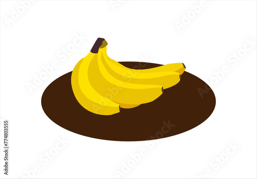 Manojo de plátanos amarillos sobre bandeja marrón oscura. Fruta