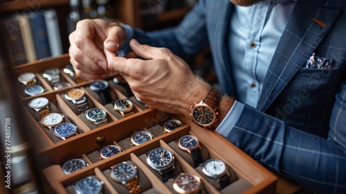 A sophisticated man in a suit carefully selects a luxury watch from an extensive high-end collection.