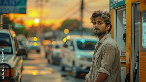 A contemplative South Asian man refuels his vehicle at a gas station, with a beautiful sunset and city life blurred in the background.