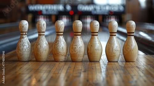 A perfect lineup of ten white bowling pins standing on a wooden bowling alley lane, ready for a strike.