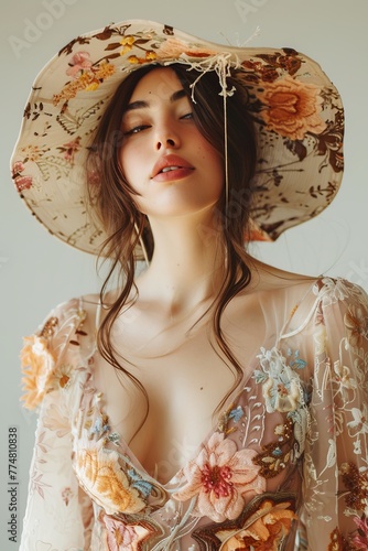 Close-up of a Romantic Bohemian Dreamer in a Floral Maxi Dress and Wide-Brim Hat, radiating whimsical allure with a dreamy gaze photo on white isolated background