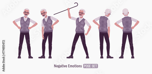 Retired old active senior man set negative emotions, feel ache pose, nice elderly person, handsome grey hair grandfather in classic outfit. Elegant white beard and dark moustaches. Vector illustration