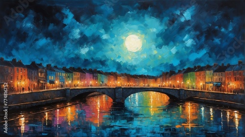 night sky in dublin ireland theme oil pallet knife paint painting on canvas with large brush strokes modern art illustration abstract from Generative AI