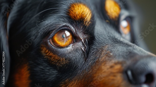 Zooming in on the intricate details of a dog's eye reveals a world of mesmerizing colors and textures, inviting you to explore its depths. 
