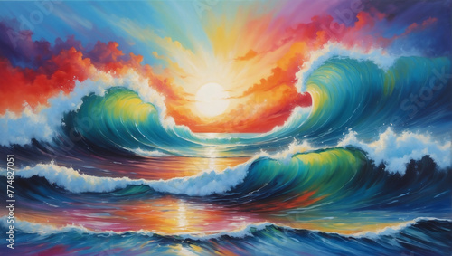 Oceanic Reverie, Colorful Sky and Wave Abstraction in Oil Painting.