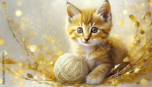 Kot bawiący się kłębkiem wełny. Ilustracja ze złotymi motywami