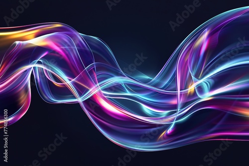 Abstract fluid 3d render neon curved wave in motion dark background
