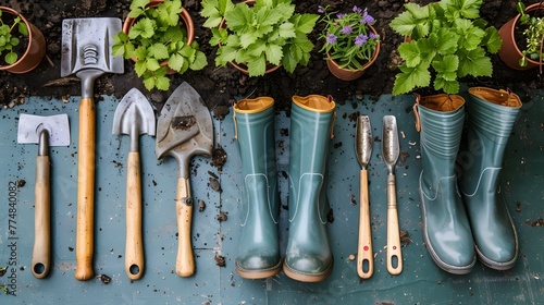 Assorted Gardening Tools and Rubber Boots Laying on Verdant Grass in a Backyard Setting
