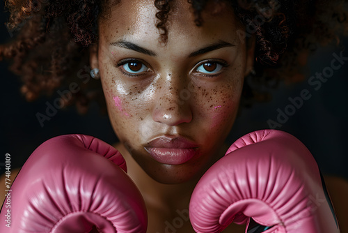 Serious woman with pink boxing gloves on face looking at camera in intense expression