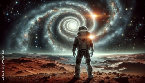 An astronaut in a spacesuit stands on the surface of Mars against the backdrop of a spiral of stars in black space. The future of astronautics, exploration, exploration of new planets. Cosmonautics Da