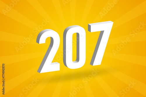 3D 207 number font alphabet. White 3D Number 207 with yellow background