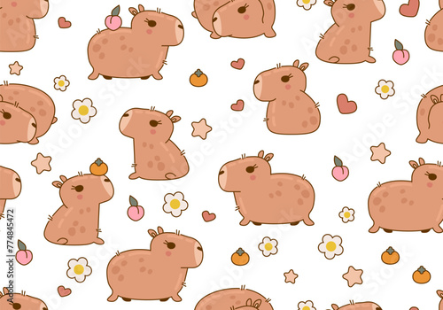 Seamless pattern with cute and funny capybara characters. Cute capybara animal character rodent. Vector illustration. Cute animals cartoon seamless background, texture, backdrop