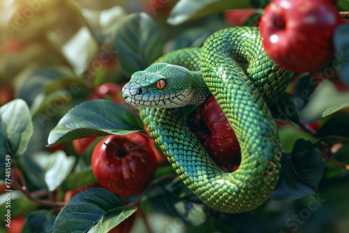 Green snake on a tree with red apples and green leaves close up. Forbidden fruit motif with space for text or inscriptions 