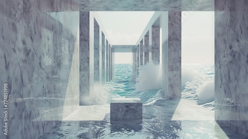 A conceptual design of a white marble pier extending into a tranquil blue ocean, waves gently lapping against its sides.