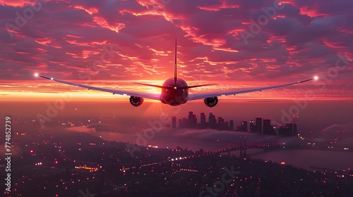 Rear view of a plane in mid-flight with the city at sunset below. Concept: flight, travel