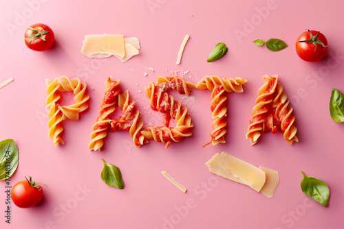 The word PASTA made of Italian pasta with red sauce isolated on a pastel pink background, cherry tomatos, parmigiana , basilic. Italian food concept, top view , flat lay , creative cuisine concept