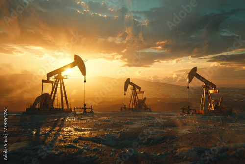 Oil extraction on field background. Change in oil prices caused by the war 