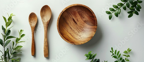 wooden spoons and bowl on white background 