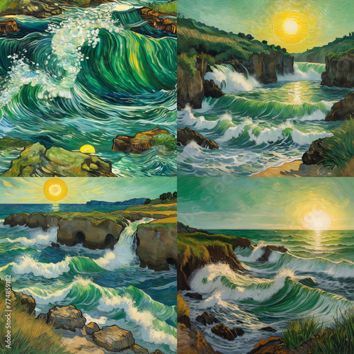 Van Gogh-Inspired Coastal Seascape Through the Four Seasons