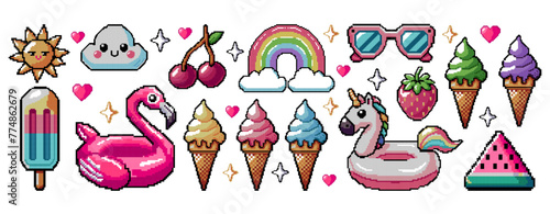 Summer vacation icons set in pixel art design isolated on white background, 80s-90s, digital vintage game style. Flamingo, unicorn pool float, cherry, sun glasses, ice cream, rainbow, strawberry. 