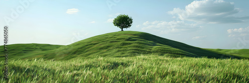 Idyllic scenic of lonely tree growing on hill in the morning , Tranquil Landscape: Lonely Tree Growing on Hillside in the Morning