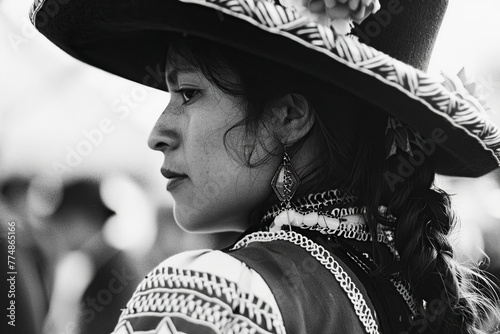 black and white, woman with a Peruvian skirt and bowler hat at a cultural event