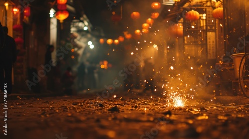 Close-up view of firecrackers exploding in old street to celebrate Chinese lunar new year.