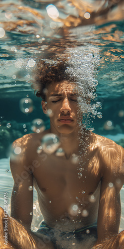 Mann, die Augen fest geschlossen, unter Wasser sitzend