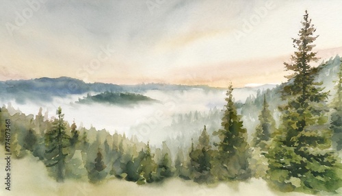 watercolor green landscape of foggy forest hill evergreen coniferous trees wild nature frozen misty taiga horizontal watercolor background hand painted watercolor illustration of misty forest