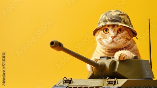 Orange tabby cat with large eyes wearing camouflage military hat, perched atop toy tank against yellow background