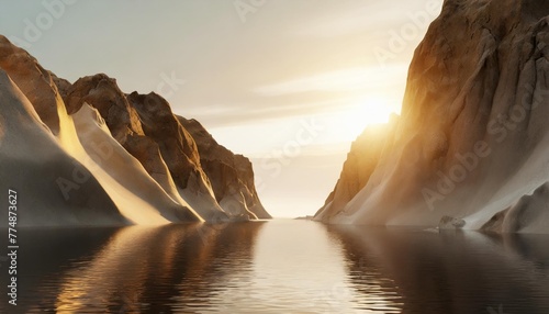 3d render futuristic landscape with cliffs and water modern minimal abstract background spiritual zen wallpaper with sunset or sunrise light