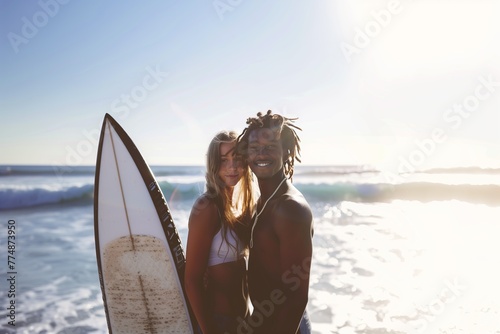 multiethnic couple posing with a surfboard