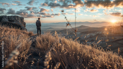 Man standing on top of a mountain and enjoying the view at sunset