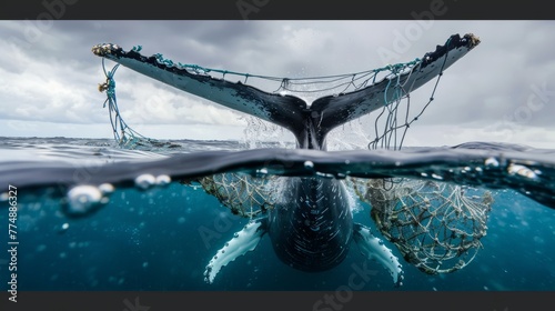 A majestic humpback whale's tail caught in fishing nets above water